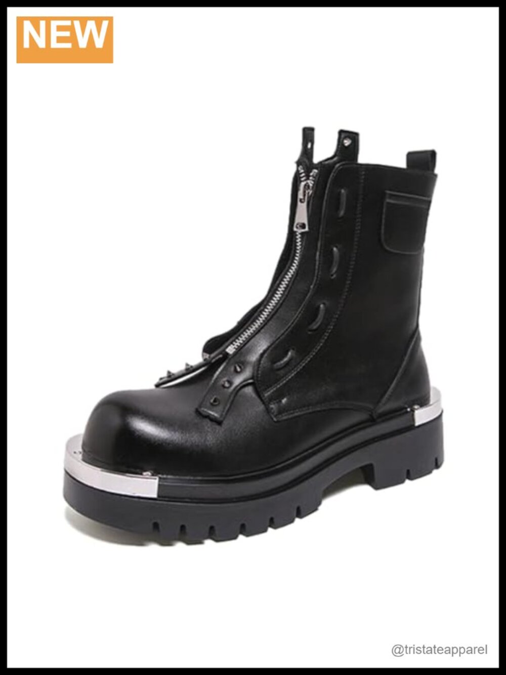 Men's Leather Motorcycle Boots Chunky Block Heel Side Zipper Combat Ankle Boots